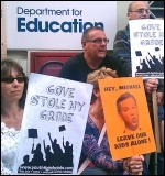 NUT protest outside the Department of Education by teachers and parents opposed to the GCSE regrading in August 2012 , photo Neil Cafferky NUT protest outside the Department of Education by teachers and parents opposed to the GCSE regrading in August 2012 , photo Neil Cafferky