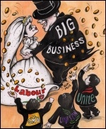 Labour marries big business on the funds of the trade unions, cartoon by Suz Labour marries big business on the funds of the trade unions, cartoon by Suz