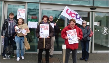 Socialist Students Andrew Pollitt and Becki Holroyd (latter with megaphone) plus UCU and Unison activists, Salford university protest, 23.5.13 Socialist Students Andrew Pollitt and Becki Holroyd (latter with megaphone) plus UCU and Unison activists, Salford university protest, 23.5.13