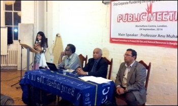 Rumana Hashem, Phulbari Solidarity Group, addresses a meeting of the Committee to Protect Oil Gas and Natural Resources in Bangladesh, photo by Socialist Party