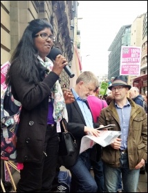Isai from Tamil Solidarity speaking from the TUSC stage near Bank, 20.6.15, photo Paula Mitchell
