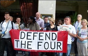 Brian Debus (centre) with supporters outside the latest Unison disciplinary hearing, photo Alison Hill