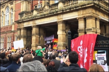 Socialist Party members join others at a rally for Jeremy Corbyn in Leamington - these rallies show the potential to build mass support, photo by Lenny Shail