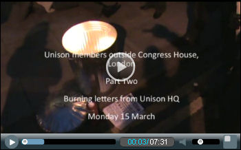 Unison witchhunt video 2: : Defend the Four protest burns letters from Unison HQ - part one