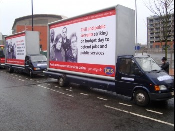 PCS workers on strike, protesting outside the Welsh Assembly , photo Cardiff Socialist Party PCS workers on strike, protesting outside the Welsh Assembly , photo Cardiff Socialist Party