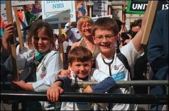 Workers and their families marched to Trafalgar Square on the trade union backed Save the Welfare State and Public Services demo, called by the National Pensioners Convention, photo Paul Mattsson