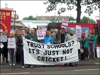 Education: Protest against handing over publicly owned school land and buildings to private trusts and academies in East London, photo Alison Hill