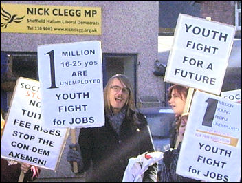 Sheffield Socialist Students protesting outside deputy prime minister Nick Clegg's constituency office on 20 October 2010, photo Sheffield Socialist Students Sheffield Socialist Students protesting outside deputy prime minister Nick Clegg's constituency office on 20 October 2010, photo Sheffield Socialist Students