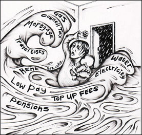 Flooded with Debt, cartoon by Suz, www.squashdonkey.co.uk