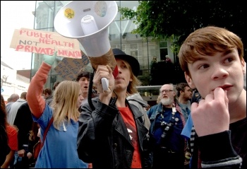 UK Uncut protest against banks and to save the NHS in Cardiff, photo Socialist Party Wales