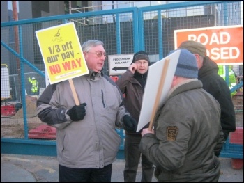 Construction workers and supporters outside the Liverpool John Moores university site, 14.12.11, photo by John Marston
