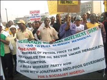 DSM banner on Lagos demonstration. Photo DSM DSM banner on Lagos demonstration. Photo DSM