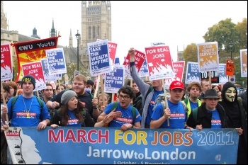 Youth Fight for Jobs on the Jarrow march, in London marching past Parliament, photo by Sarah Wrack Youth Fight for Jobs on the Jarrow march, in London marching past Parliament, photo by Sarah Wrack