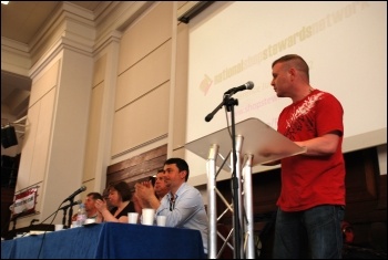 Kevin Armitage, Ratcliffe power station shop steward, addresses National Shop Stewards Network conference, 9 June 2012, photo Suzanne Beishon