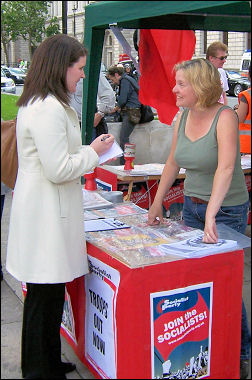 One of the Socialist Party stalls in Parliament Square protesting against George W Bush