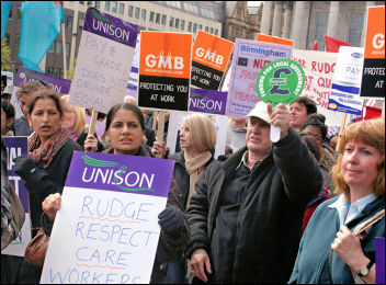 PCS is calling for public-sector trade union unity. Birmingham Council workers on strike, April 24, photo S. O Neill