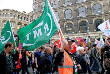 RMT banners on the Love Music Hate Racism demonstration 2008, photo Paul Mattsson