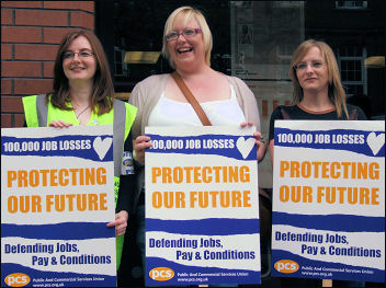 Trade union action can protect our future. PCS workers on struike in Belfast. Photo Peter Hadden