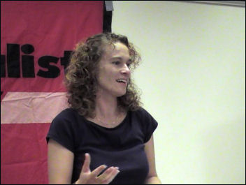 Hannah Sell speaking at London Socialist Party public meeting, Was Marx right, photo Pete Mason