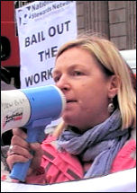 Lois Austin speaking at a National Shop Stewards Network protest outside the bank of England during the credit crunch, photo Pete Mason