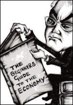 Alistair Darling reads the beginners guide to the economy, cartoon by Suz