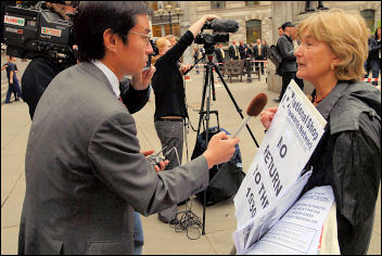 Linda Taaffe of the National Shop Stewards Network interviewed at the protest outside Bank of England, photo Paul Mattsson