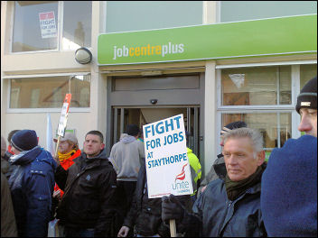 Staythorpe power station construction workers protest outside Newark Jobcentre, photo Steve Score