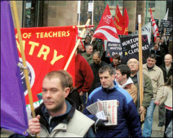 400 Coventry Community and Youth Workers Union (CYWU section of Unite) workers and supporters demonstrate against cuts, photo Coventry Socialist Party