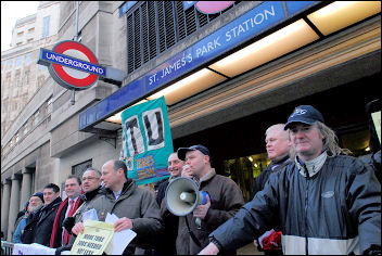 RMT protest against job losses is joined by the Shop Stewards Network, photo Paul Mattsson