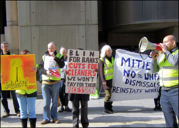 Cleaners employed by contractors Mitie protested outside the Willis building in the City of London, photo Chris Newby