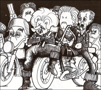 Thatcher and her Hells Angels gang, cartoon by Alan Hardman