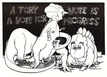 Thatcher dinosaurs proposed savage attacks on the living standards of working people. cartoon by Alan Hardman