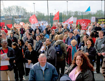 Visteon workers outside the plant, photo Paul Mattsson