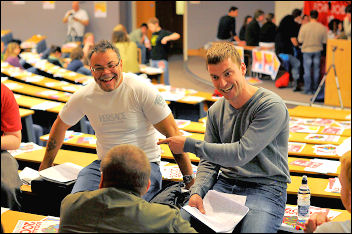 Lindsey Oil Refinary shop steward and Frank Jepson, ex-Visteon convenor speaking at Youth Fight for Jobs conference 2009, photo Paul Mattsson