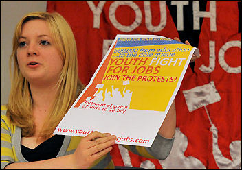 Jacqui Berry chairs the rally at Youth Fight For Jobs Conference 2009, photo Paul Mattsson