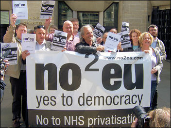 Dave Hill, centre, and No2EU candidates and supporters launch their manifesto, photo D Carr