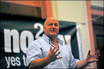 Bob Crow, RMT general secretary, speaking at the London No2EU election rally, photo Paul Mattsson