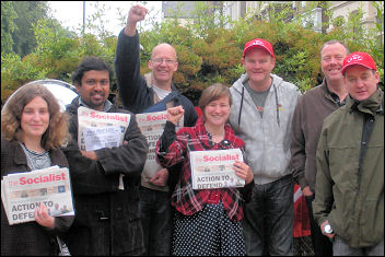 Tube workers at Arnos Grove with Socialist Party members, photo by Sarah Sachs Eldridge