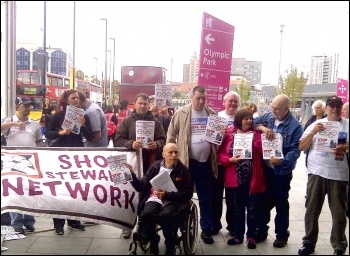 Remploy workers protest at the closure of Remploy factories on the first day of the 2012 Paralympics in London