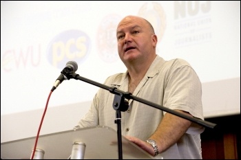 Bob Crow, general secretary RMT, will be speaking at the lobby. Here he addresses the National Shop Stewards Network lobby of the TUC 11 September 2011, photo by Paul Mattsson