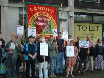 Disabled people, family members and anti-cuts campaigners took a protest to the Atos assessment centre in Swansea, photo by Swansea Socialist Party