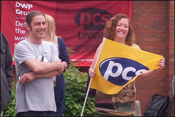 DWP group president Fran Heathcote (with flag) at Leeds Remploy picket line, 26.7.12 , photo K Williams 