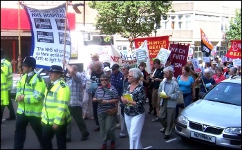 Marching through Woolwich against PFI cuts to the Queen Elizabeth hospital, part of the South London Health Trust which has gone into administration, photo R Shrives