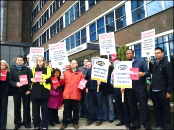 Manchester DVLA PCS workers on strike 21 September 2012, photo Hugh Caffrey