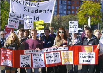 20 Sociaist students activists marched round Sheffield city centre against tuition fees and to restore EMA, joined by NUT rep, photo by Sheffield Socialist Students