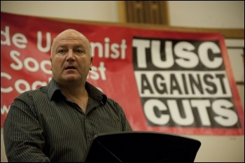 Bob Crow, RMT general secretary, addresses the London Trade Unionist and Socialist Coalition (TUSC) launch meeting 2012, photo Paul Mattsson