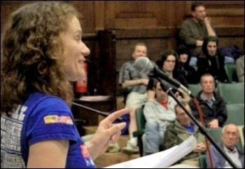 Hannah Sell, Socialist Party deputy general secretary, addresses the Socialism 2011 sunday rally, photo by Paul Mattsson