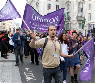On the 20 October 2012 TUC demo, Unison members are becoming increasingly impatient with their union leadership, photo Senan