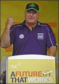 Bob Crow speaking at the 20th October 2012 TUC demo rally in London, photo Dave Beale