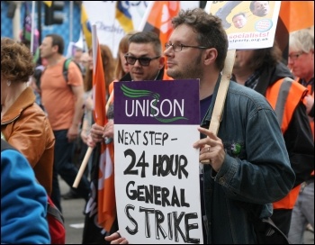 TUC demo 20 October 2012 placard for a 24 hour general strike , photo Becky Davis